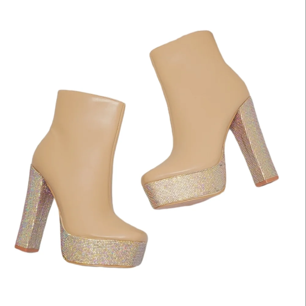 Glam Fashion Embellished Platform Cream Boots sz 9